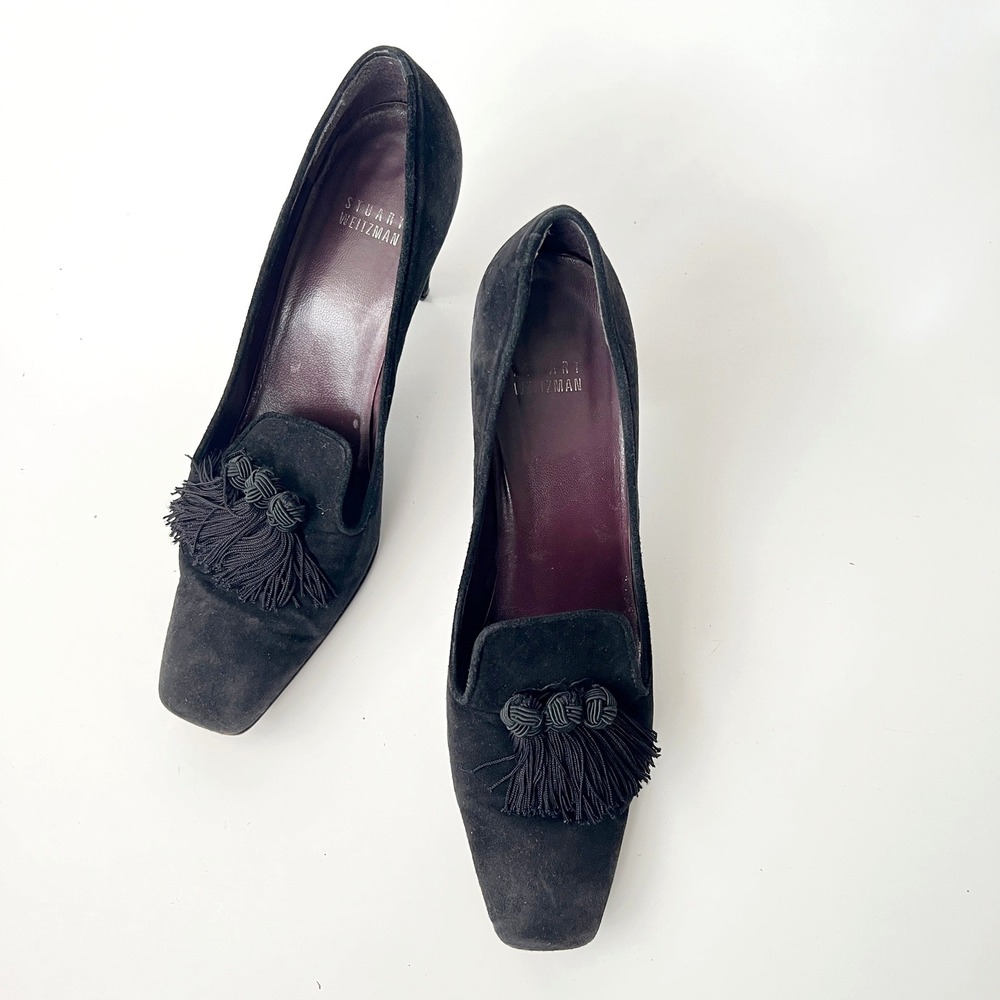 Vintage Stuart Weitzman Pumps 7.5 Black Suede Tassel Square Toe Loafer Heels 90s